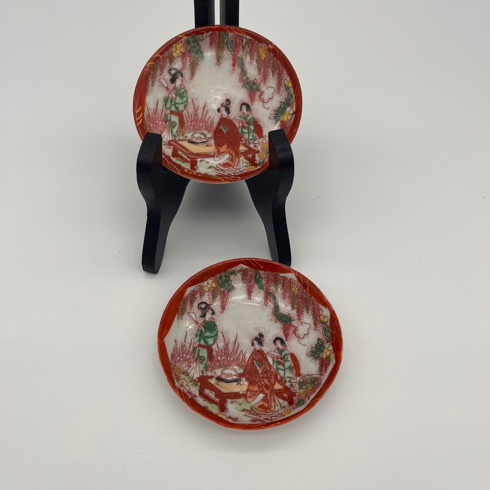 Vintage Japanese Kutani Hand Painted Porcelain Small Saucers Set of 2 Red Gold